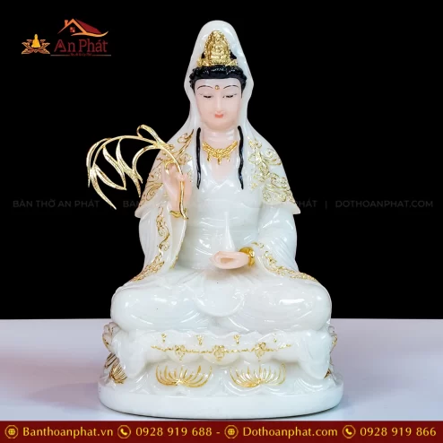 Tượng Quan Âm Ngồi Đá Đài Loan Màu Trắng T2373