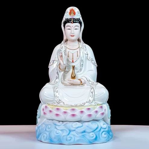 Tượng Quan Âm Sứ Đức Hóa Tọa Đài Sen Màu Hồng Xanh T2375