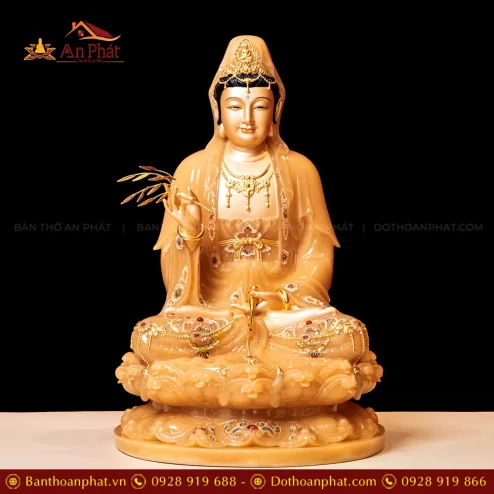 Tượng Quan Âm Tọa Đài Sen Đá Hiệu Ứng Đồng Màu Vàng T2346