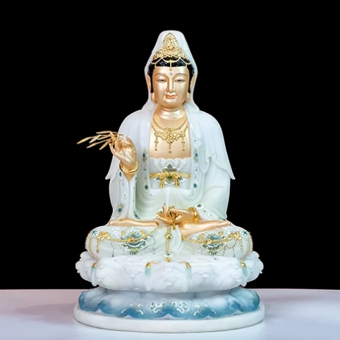 Tượng Quan Âm Tọa Đài Sen Hiệu Ứng Đồng Xanh trắng T2349