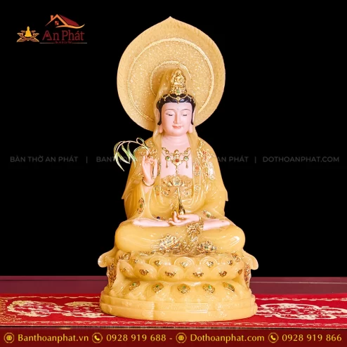 Tượng Quan Âm Tọa Đài Sen Vàng Thạch Anh Có Lá Đề T2326