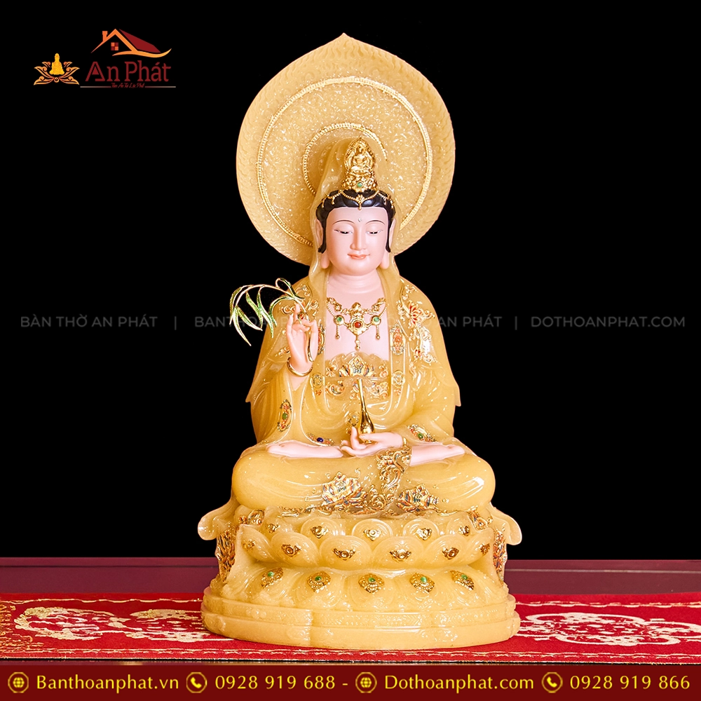 Tượng Quan Âm Tọa Đài Sen Vàng Thạch Anh Có Lá Đề T2326