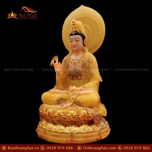 Tượng Quan Thế Âm Bồ Tát Tọa Đài Sen Dát Vàng Ngọc Thạch Có Lá Đề T2383