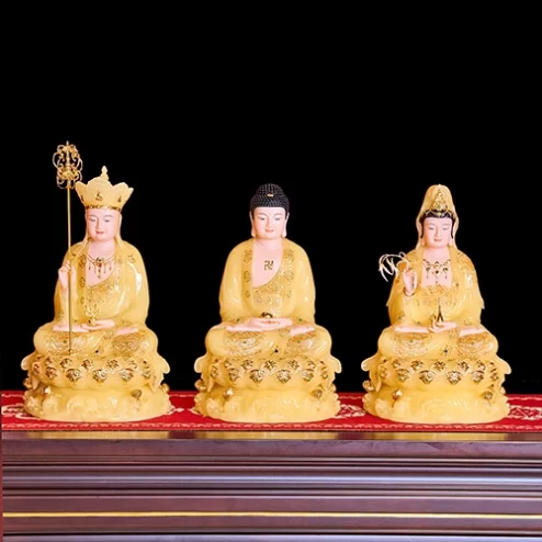 Tượng Ta Bà Tam Thánh Bột Đá Toạ Đài Sen Thạch Anh Vàng T2331