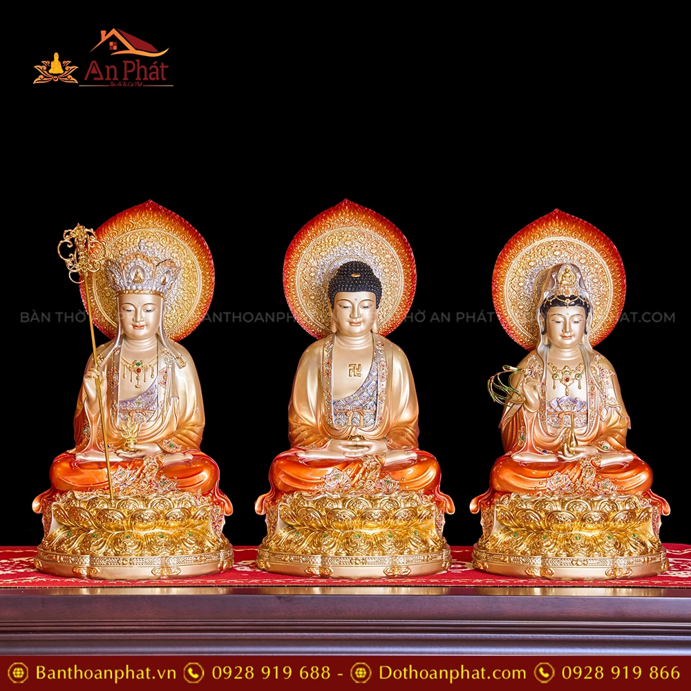 Tượng Ta Bà Tam Thánh Đá Hiệu Ứng Đồng Tọa Đài Sen Đỏ Ánh Kim Dát Vàng Có Lá Đề T2318