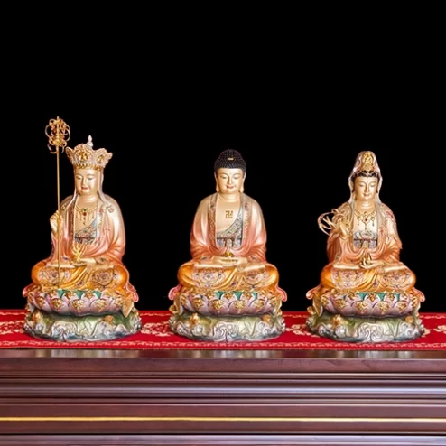 Tượng Ta Bà Tam Thánh Hiệu Ứng Đồng Tọa Đài Sen Cam Ánh Vàng Đế Sen Tím T2311