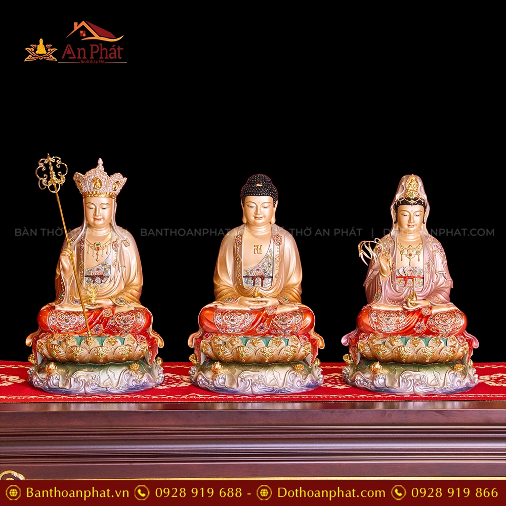 Tượng Ta Bà Tam Thánh Hiệu Ứng Đồng Tọa Đài Sen Tím Kim Cổ T2316