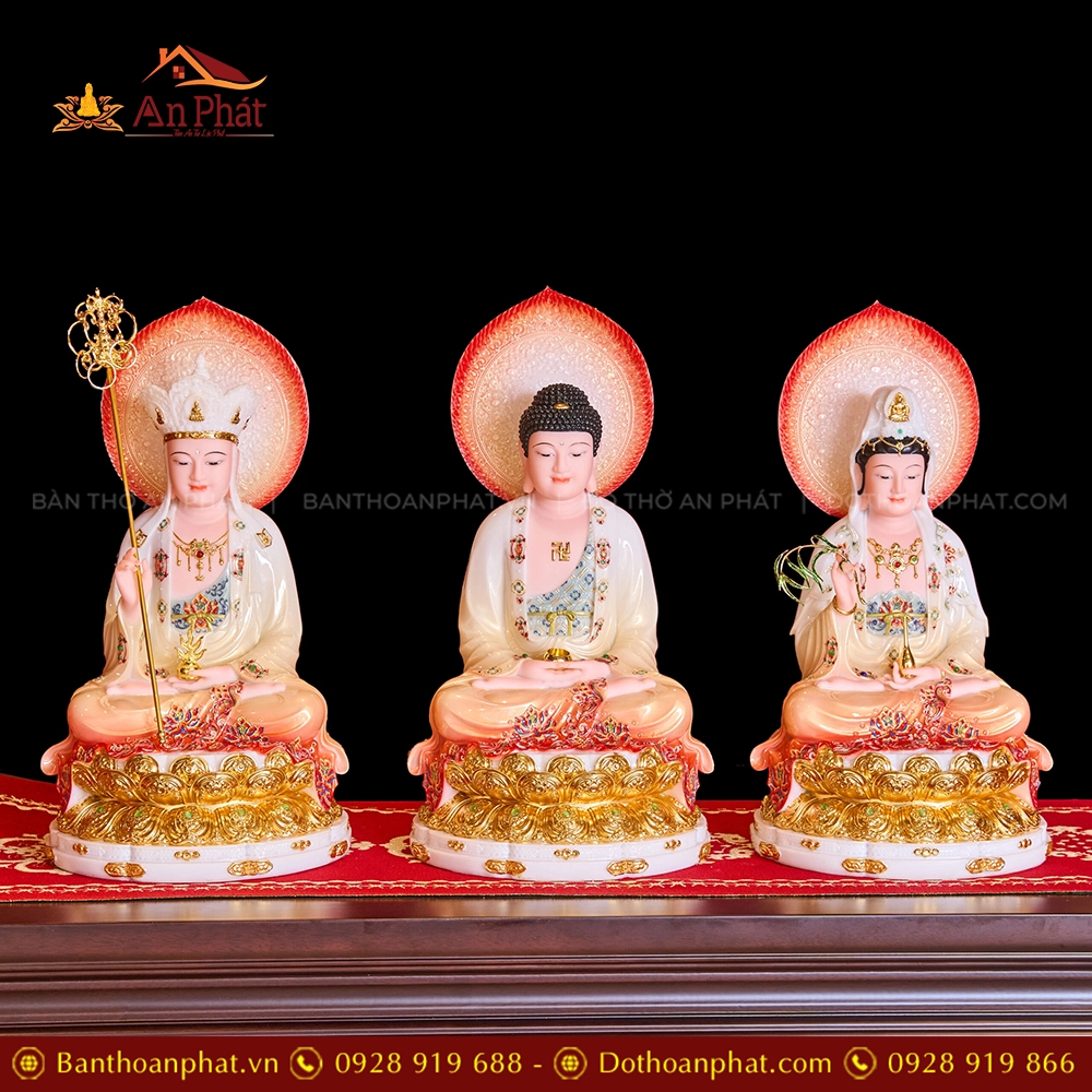 Tượng Ta Bà Tam Thánh Tọa Đài Sen Đá Cam Loang Dát Vàng Có Lá Đề T2314