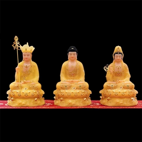 Tượng Ta Bà Tam Thánh Tọa Đài Sen Dát Vàng Ngọc Thạch Có Lá Đề T2381