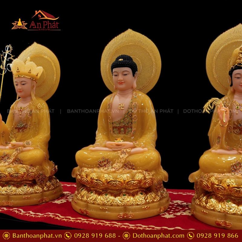 Tượng Ta Bà Tam Thánh Tọa Đài Sen Dát Vàng Ngọc Thạch Có Lá Đề T2381 15 Tượng Ta Bà Tam Thánh để ban thờ