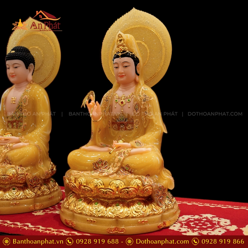 Tượng Ta Bà Tam Thánh Tọa Đài Sen Dát Vàng Ngọc Thạch Có Lá Đề T2381 16 Tượng Quan Thế Âm Bồ Tát bằng đá đẹp