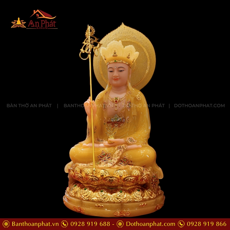 Tượng Ta Bà Tam Thánh Tọa Đài Sen Dát Vàng Ngọc Thạch Có Lá Đề T2381 17 Tượng Địa Tạng Vương Bồ Tát bằng đá đẹp