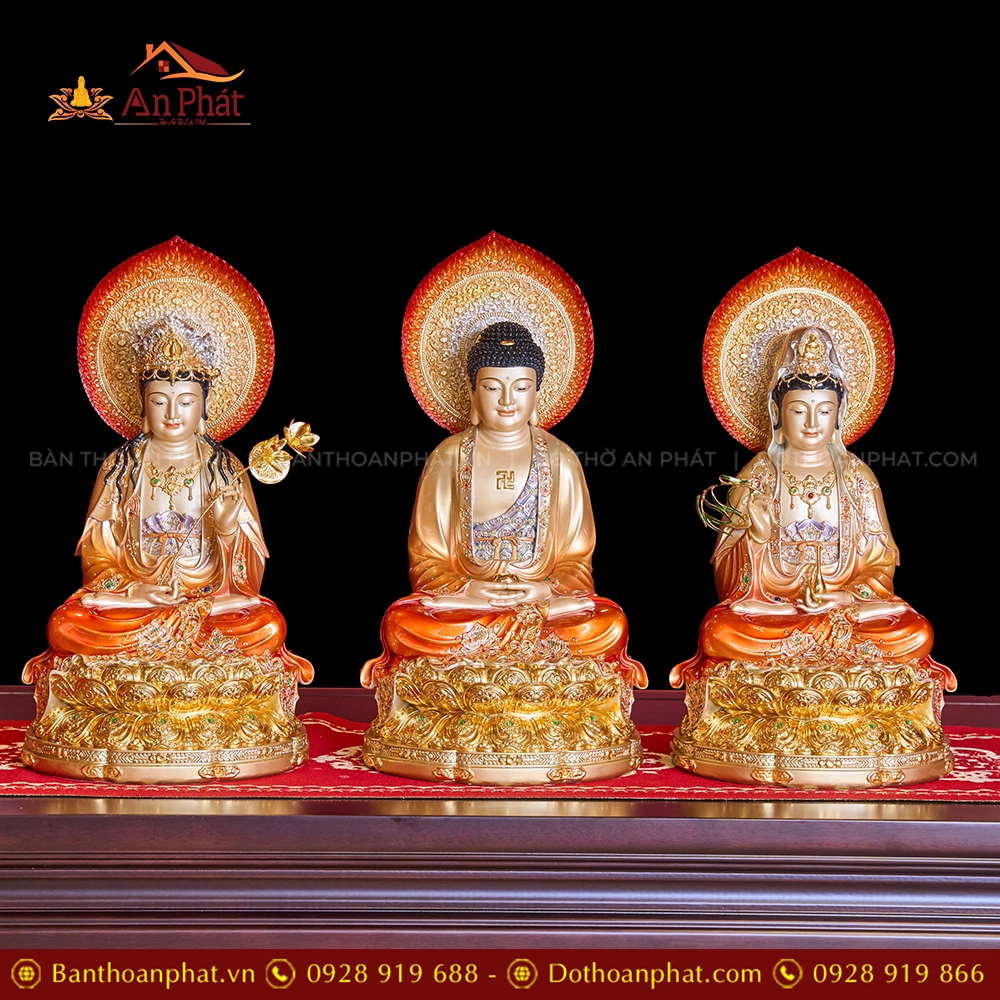 Tượng Tây Phương Tam Thánh Đá Hiệu Ứng Đồng Tọa Đài Sen Đỏ Ánh Kim Dát Vàng Có Lá Đề T2329 17 Tượng Tây Phương Tam Thánh Đá Hiệu Ứng Đồng Tọa Đài Sen Đỏ Ánh Kim Dát Vàng Có Lá Đề T2329