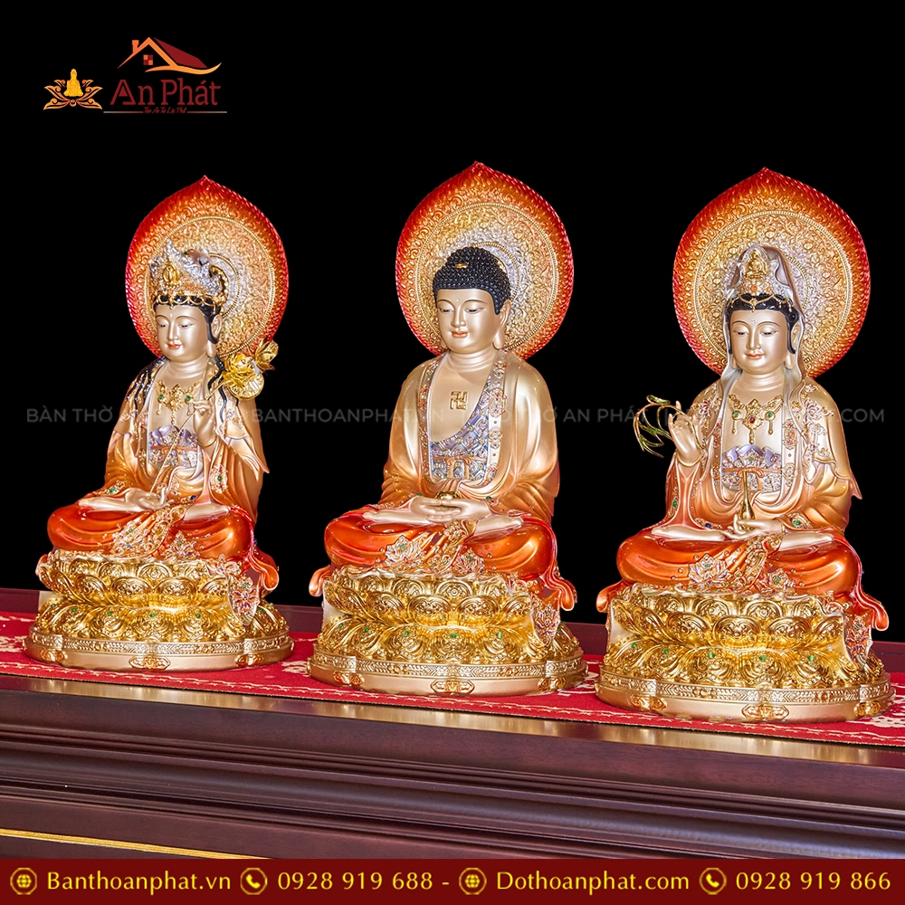 Tượng Tây Phương Tam Thánh Đá Hiệu Ứng Đồng Tọa Đài Sen Đỏ Ánh Kim Dát Vàng Có Lá Đề T2329 18 Tượng Tây Phương Tam Thánh ngồi đá đẹp