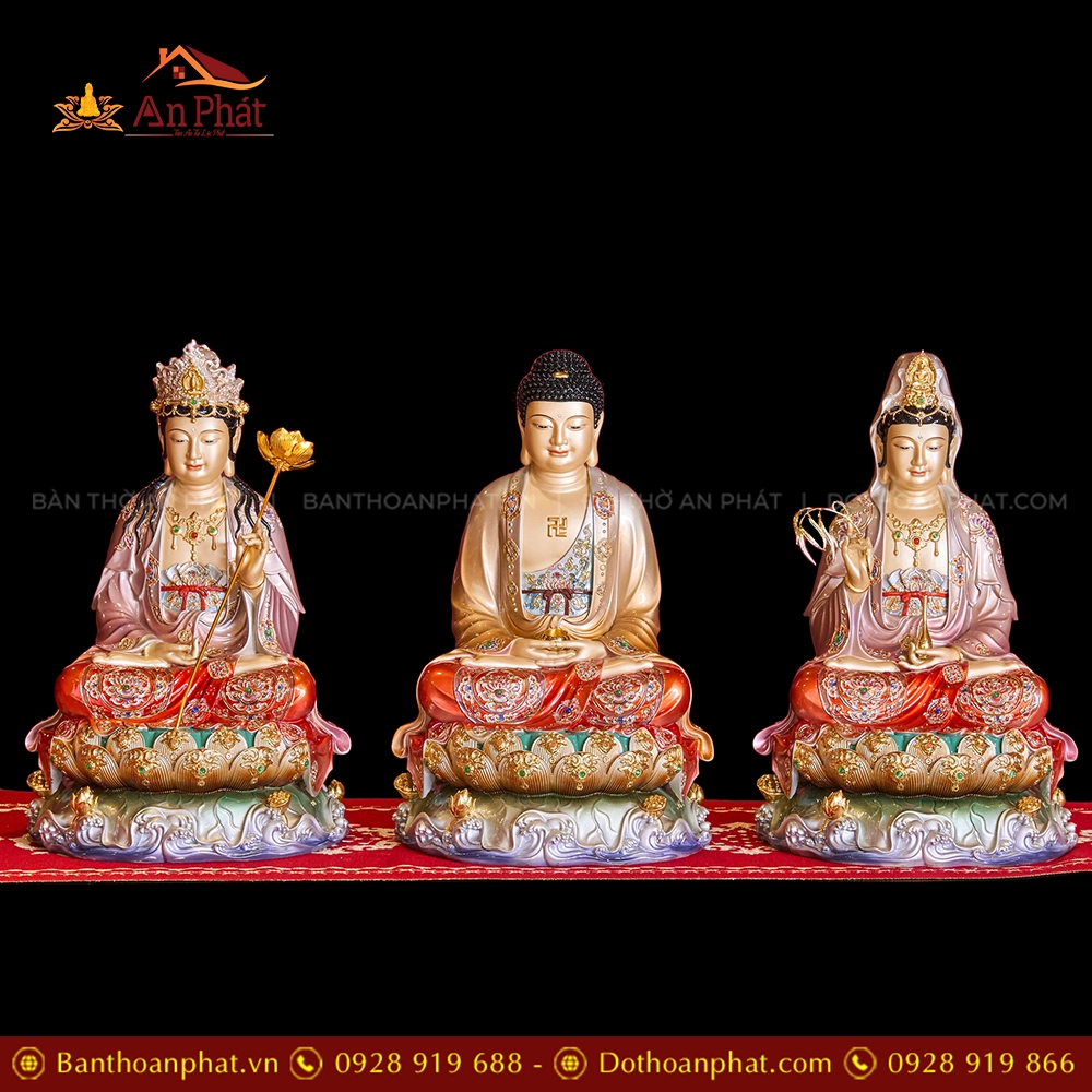 Tượng Tây Phương Tam Thánh Hiệu Ứng Đồng Tọa Đài Sen Tím Kim Cổ T2313