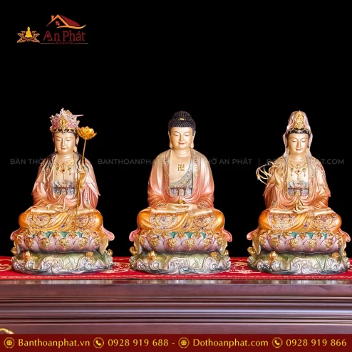 Trang Chủ 71 Tượng Tây Phương Tam Thánh Tọa Đài Sen Cam Ánh Vàng Đế Sen Tím T2308