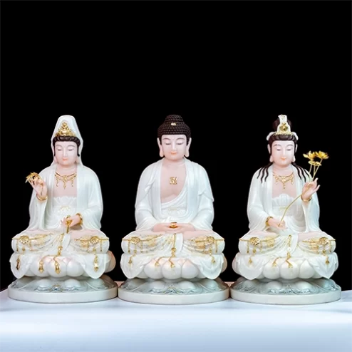 Tượng Tây Phương Tam Thánh Tọa Đài Sen Đá Thạch Anh Trắng Viền Vàng T2317