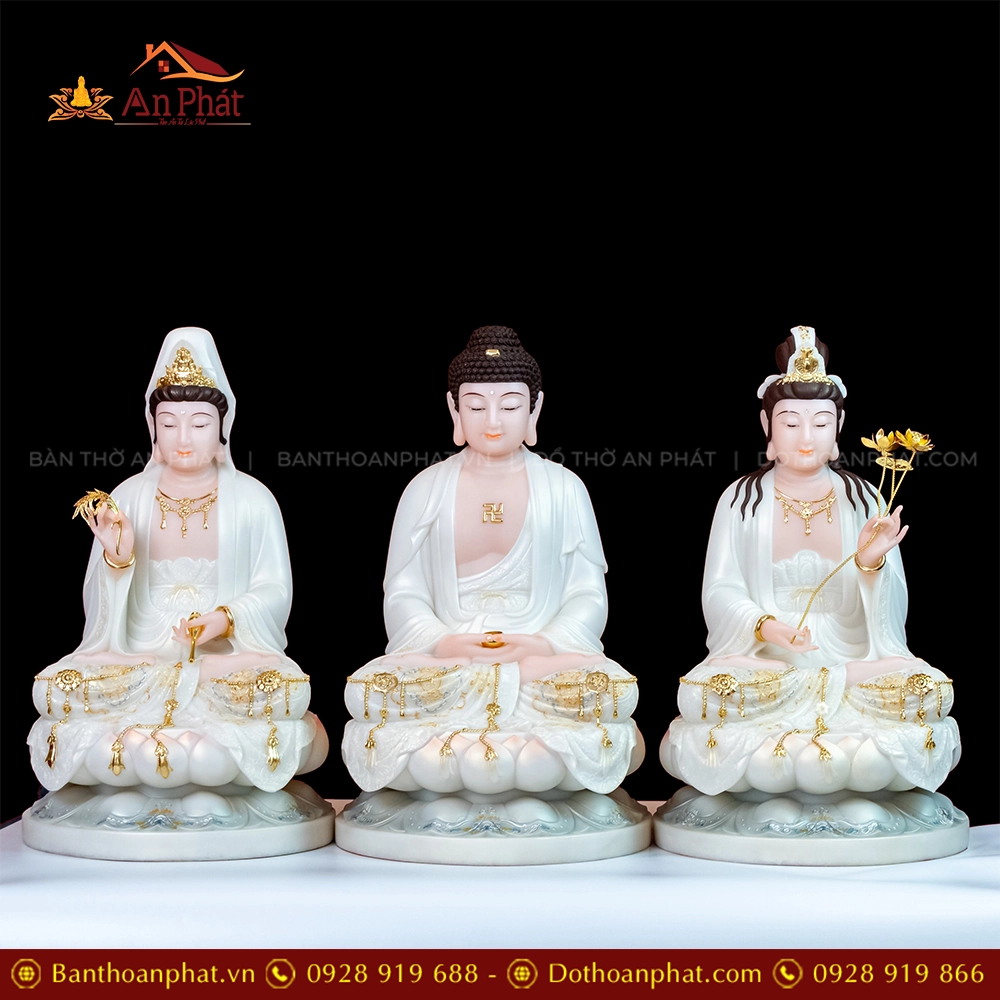 Tượng Tây Phương Tam Thánh Tọa Đài Sen Đá Thạch Anh Trắng Viền Vàng T2317