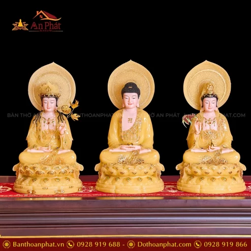 Trang Chủ 73 Tượng Tây Phương Tam Thánh Tọa Đài Sen Đá Vàng Thạch Anh Có Lá Đề T2309