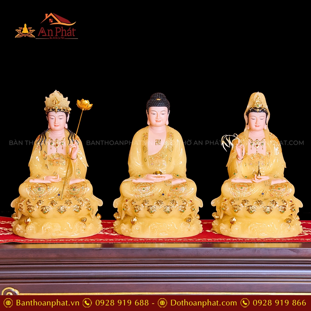 Tượng Tây Phương Tam Thánh Tọa Đài Sen Đá Vàng Thạch Anh T2312