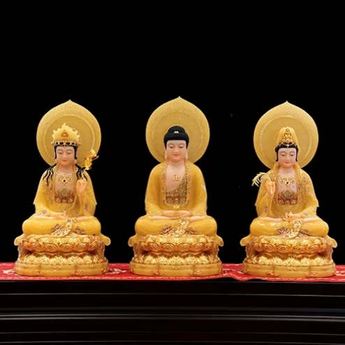 Tượng Tây Phương Tam Thánh Tọa Đài Sen Dát Vàng Ngọc Thạch Có Lá Đề T2382