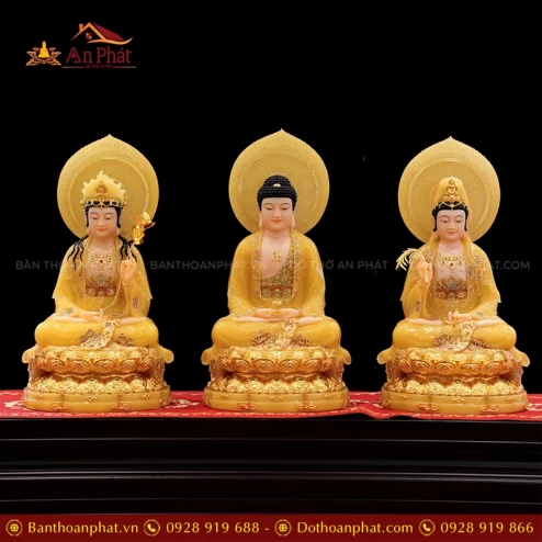 Tượng Tây Phương Tam Thánh Tọa Đài Sen Dát Vàng Ngọc Thạch Có Lá Đề T2382