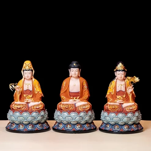 Tượng Tây Phương Tam Thánh Tọa Đài Sen Gấm Cam Đá Thạch Anh T2319