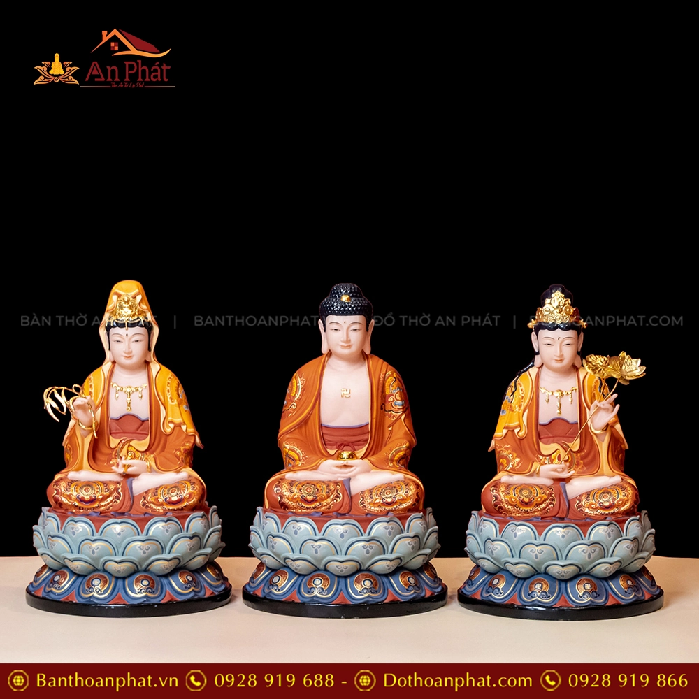 Tượng Tây Phương Tam Thánh Tọa Đài Sen Gấm Cam Đá Thạch Anh T2319