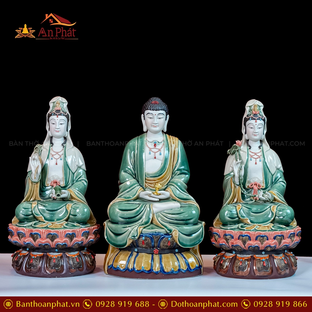 Tượng Tây Phương Tam Thánh Tọa Đài Sen Gốm Phật Sơn Cổ T2378