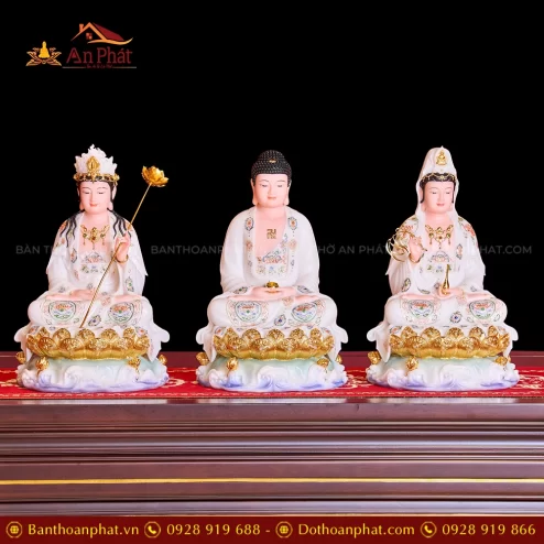 Trang Chủ 75 Tượng Tây Phương Tam Thánh Toạ Đài Sen Trắng Vẽ Gấm T2310