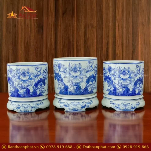 Bát Hương Bát Tràng Hoa Sen Men Lam Cao Cấp DT997