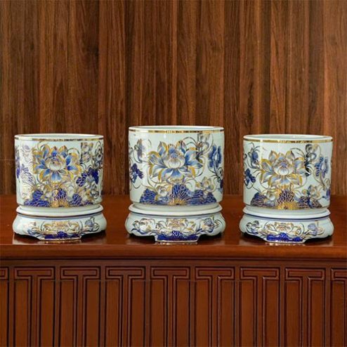 Bát Hương Hoa Sen Vuốt Tay Men Lam Vẽ Vàng Cao Cấp DT1049