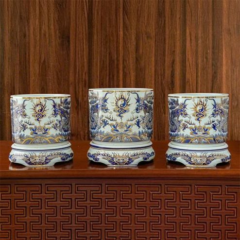 Bát Hương Men Lam Vẽ Vàng Vuốt Tay Cao Cấp DT1048