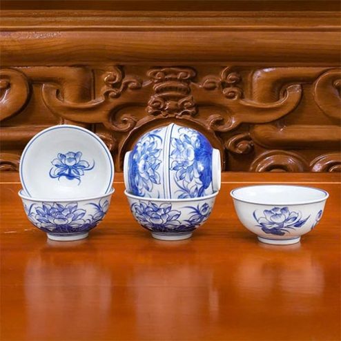 Bát Thờ Cúng Men Lam Bát Tràng Mẫu Hoa Sen DT1019