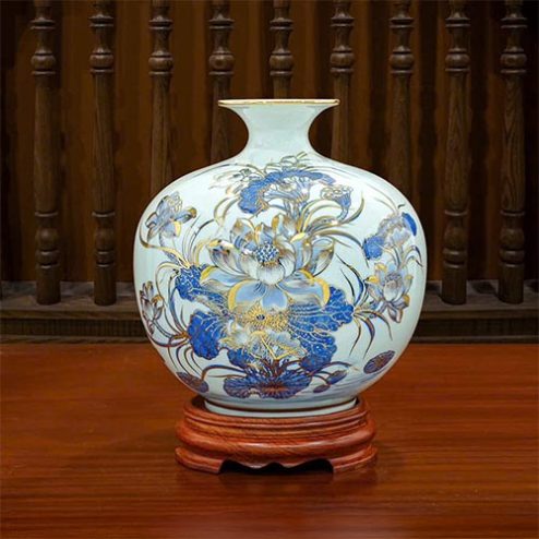 Bình Hút Lộc Men Lam Vẽ Vàng Cao Cấp PT5503