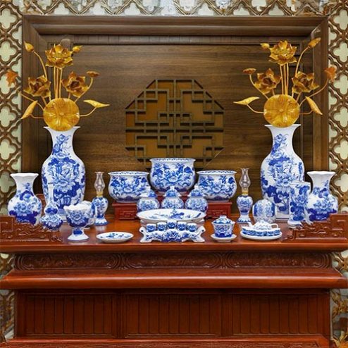 Bộ Đồ Thờ Bát Hương Lựu Cao Cấp Men Lam Bát Tràng BDT11914