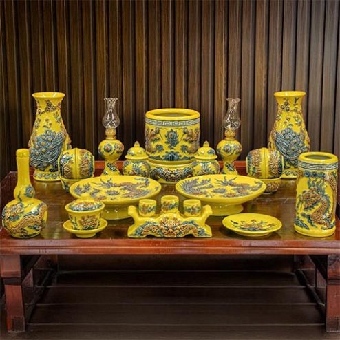 Bộ Đồ Thờ Bát Tràng Men Màu Vàng Đẹp BDT192