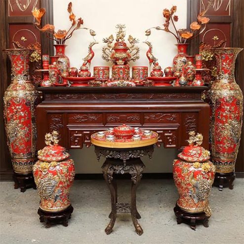 Bộ Đồ Thờ Cao Cấp Bát Tràng Vẽ Vàng Men Màu Đỏ Đắp Nổi BDT11903