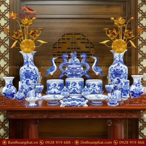 Bộ Đồ Thờ Gia Tiên Men Lam Bát Tràng Lọ Lộc Bình Phúc Đức BDT11909