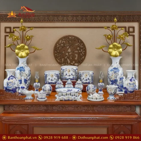 Bộ Đồ Thờ Gốm Sứ Bát Tràng Cao Cấp Men Lam Vẽ Vàng BDT11924