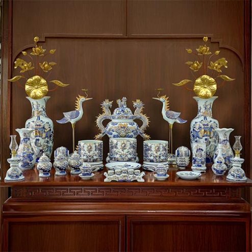 Bộ Đồ Thờ Men Lam Vẽ Vàng Vuốt Tay Hàng Kỹ Cao Cấp BDT11927