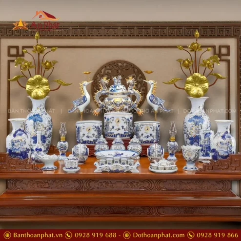 Bộ Đồ Thờ Vẽ Vàng Cao Cấp Men Lam Bát Tràng BDT11922