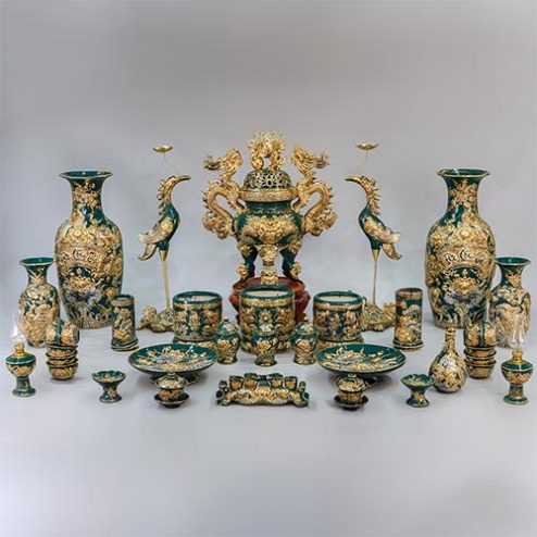 Bộ Đồ Thờ Xanh Lục Bảo Vẽ Vàng Cao Cấp Gốm Bát Tràng BDT11906