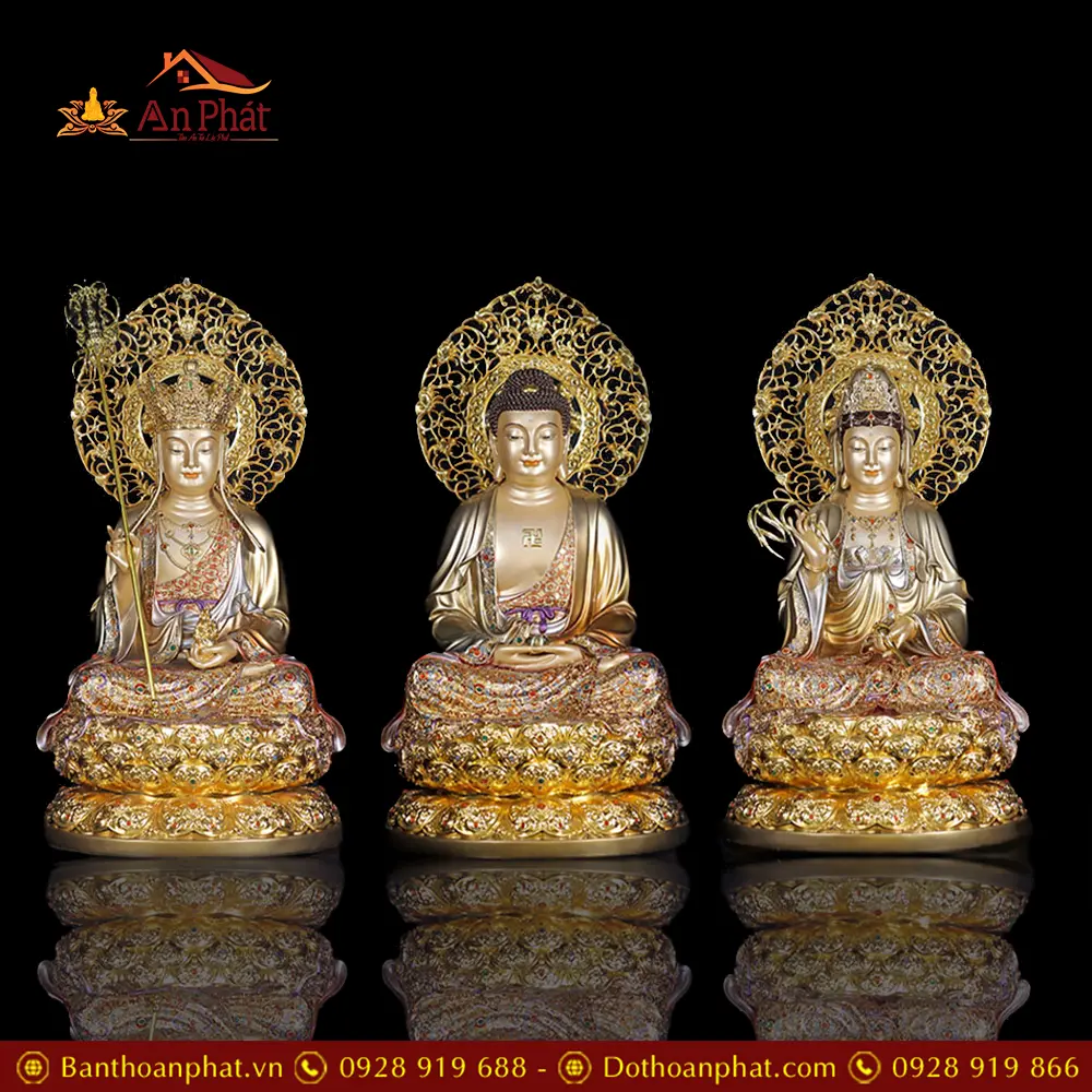Bộ Tượng Phật Ta Bà Tam Thánh Mẫn Bảo Bằng Đồng Viền Vàng Cao Cấp T2339 35 Bộ Tượng Phật Ta Bà Tam Thánh Mẫn Bảo Bằng Đồng Viền Vàng Cao Cấp T2339