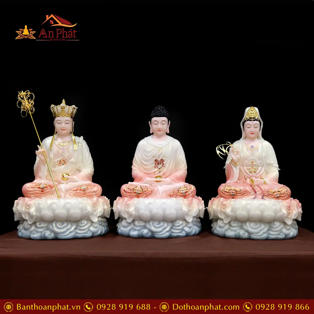 Bộ Tượng Phật Ta Bà Tam Thánh Ngồi Đài Sen Bột Đá Mẫu Phú Quý T2361 23 Bộ Tượng Phật Ta Bà Tam Thánh Ngồi Đài Sen Bột Đá Mẫu Phú Quý T2361