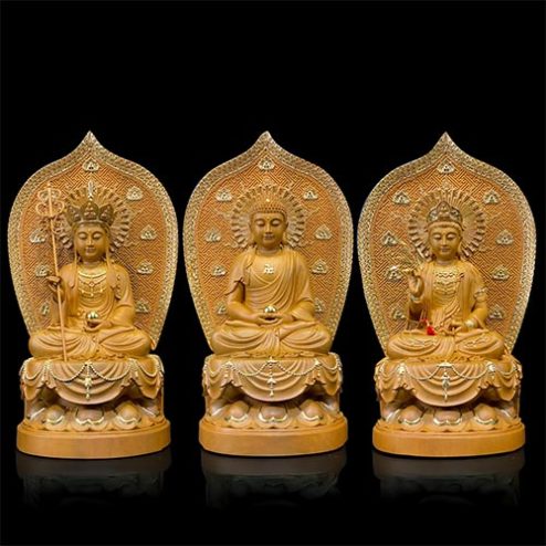 Bộ Tượng Ta Bà Tam Thánh Bằng Gỗ Nguyên Màu Mẫu Ngồi Đài Sen T2363