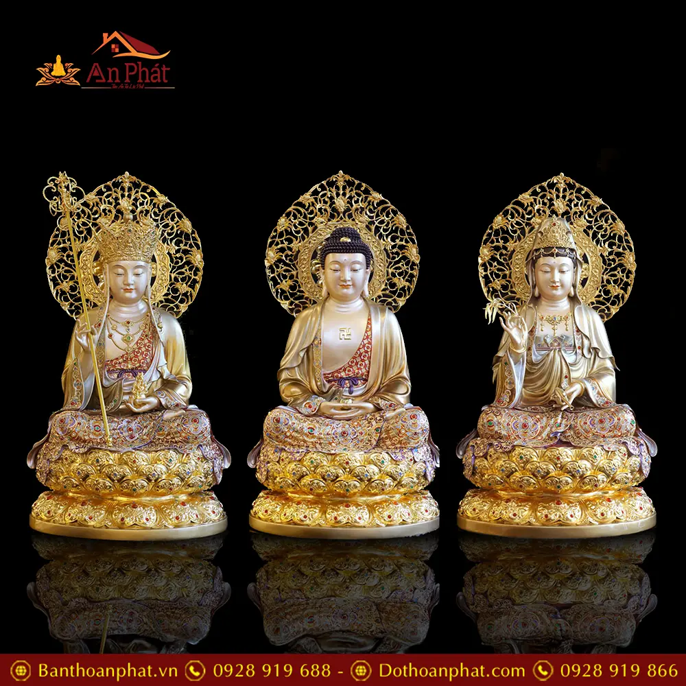 Bộ Tượng Ta Bà Tam Thánh Cao Cấp Bằng Đồng Mẫu Ngồi Đài Sen T2334