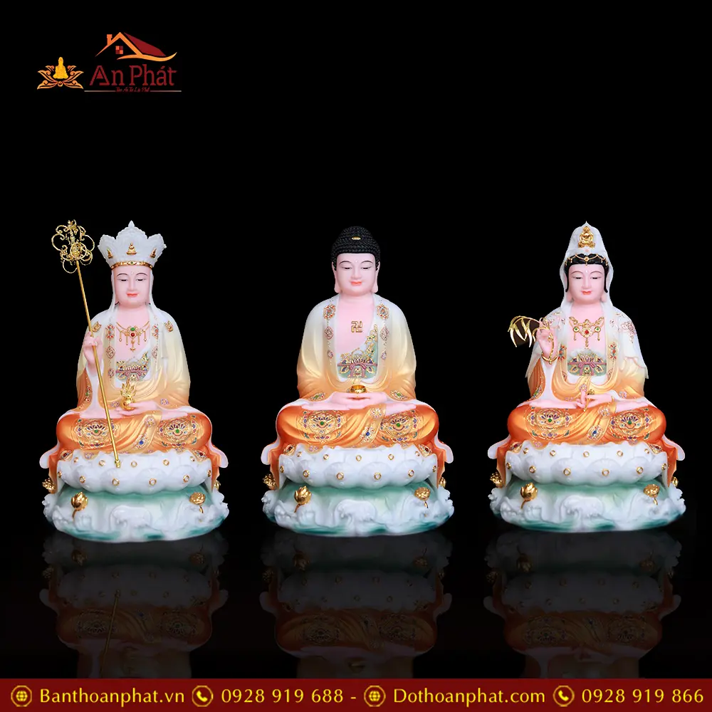 Bộ Tượng Ta Bà Tam Thánh Đá Cam Cao Cấp Nhập Khẩu Mẫu Đế Non Nước T2333