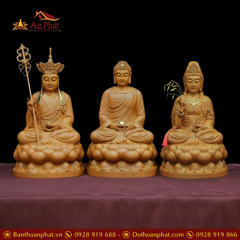 Bộ Tượng Ta Bà Tam Thánh Gỗ Long Não Nhập Khẩu T2338