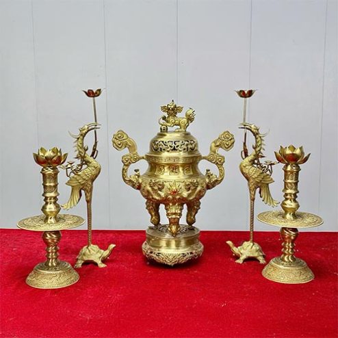 Combo Bộ Đỉnh Hạc Đồng Kèm Chân Nến Cao Cấp Mẫu Chữ Hán Phúc Lộc Thọ DT1093